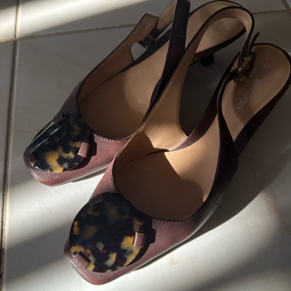Sergio Rossi - Brown Leather Kitten Heeled Square Toe Slingbacks - Size 6 1/2 - Picture 4 of 11